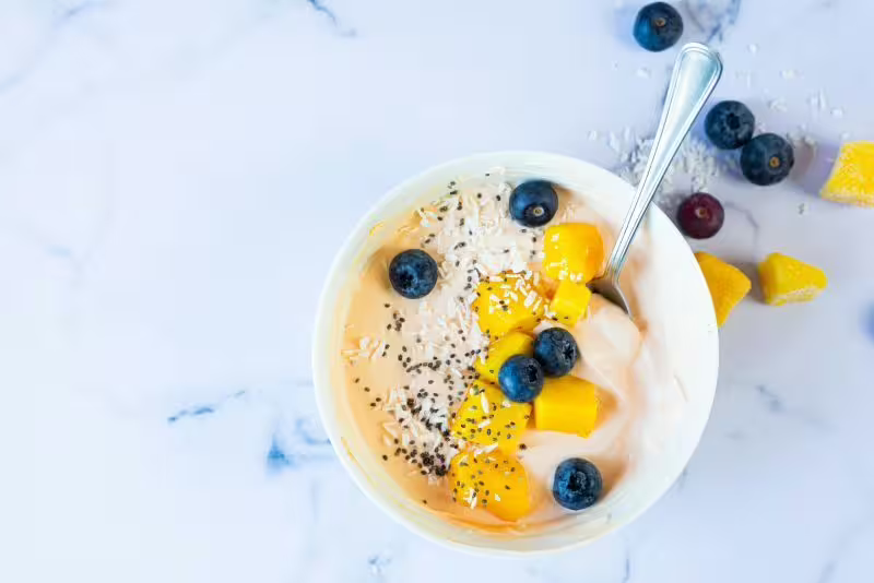 Quark bowl with mango passion fruit flave
