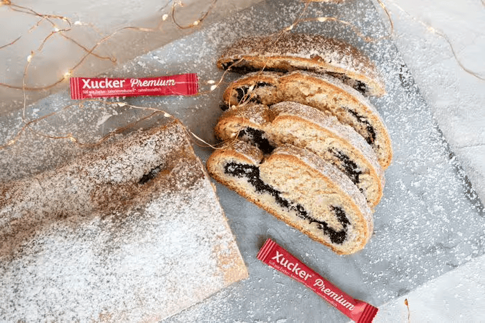 Stollen with marzipan poppy seed filling or nougat filling